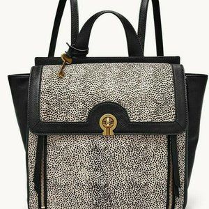 Fossil Amelia White Cheetah Black Leather Backpack Shoulder Bag
